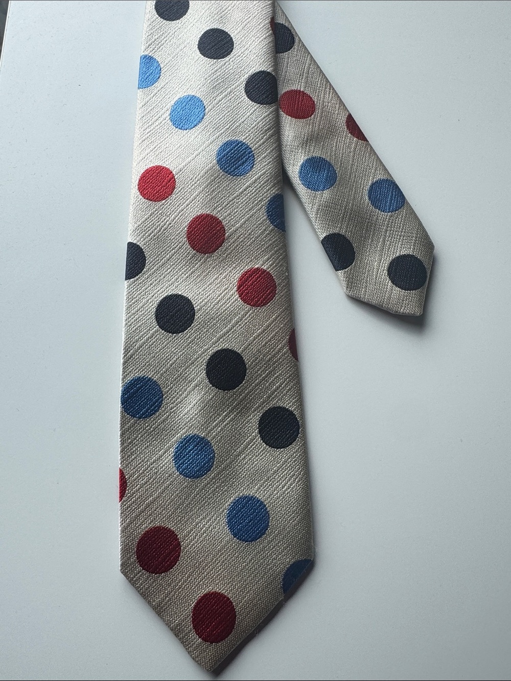 Vintage 80s Yves Saint Laurent Beige Tie with Blue, Red, Dark Blue Dots